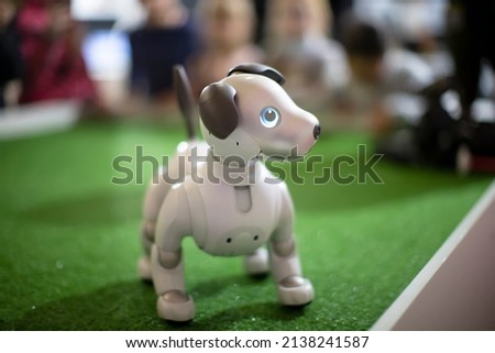 Robot dog stand on the green floor.