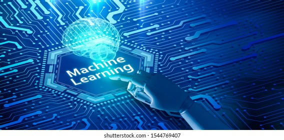 Robot finger point to machine learning word with blue tone image.Artificial intelligence brain on blue integrated circuit background.Artificial intelligence (AI) and machine learning concept.