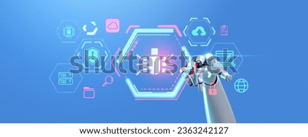 Robot finger touching bug detection hologram. Online security, hacker or and cyber crime. Glowing digital technology and software icons. Concept of computer protection and antivirus