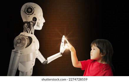 A robot and a girl's hands touch and connect on binary code background. Smart AI, Machine learning, and Chatbot. Artificial Intelligence for science, education, business, innovation, and technology