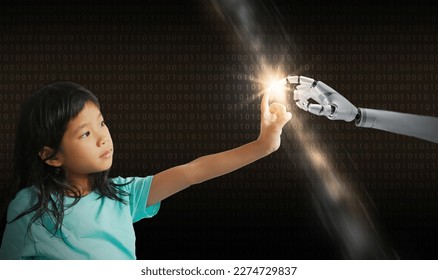 A robot and a girl's hands touch and connect on binary code background. Smart AI, Machine learning, Chatbot. Artificial Intelligence for science, education, business, innovation, and technology.