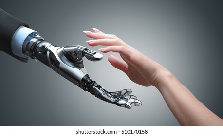 Robot gives a hand to a woman. Two hands in offer position. Artificial intelligence conceptual business design - Shutterstock ID 510170158
