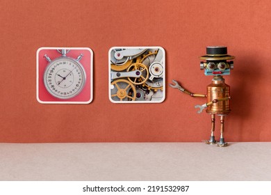 A robot guide gallery and the mechanic stopwatch chronometer mechanism. - Shutterstock ID 2191532987