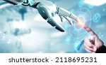 Robot hand ai artificial intelligence assistance for medical healthcare practices operation surgical performance, unity with human and ai concept, with graphical icon display blue banner background