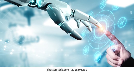 Robot hand ai artificial intelligence assistance for medical healthcare practices operation surgical performance, unity with human and ai concept, with graphical icon display blue banner background