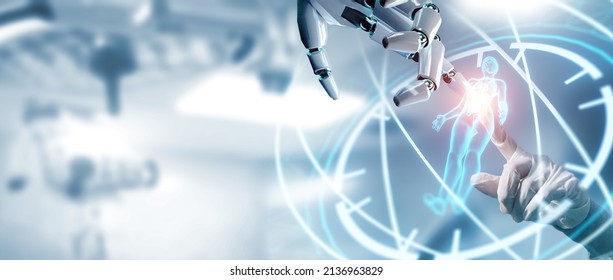 Robot hand ai artificial intelligence assistance for medical healthcare practices operation surgical performance, unity with human and ai concept, with graphical icon display blue banner background - Shutterstock ID 2136963829