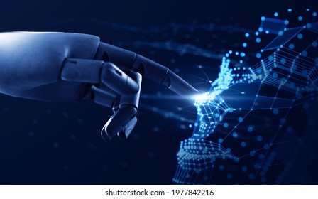 Robot hand artificial intelligence Ai self learning improving development problem solving solution tasks of future technology, facial recognition detection sensor concept, futuristic blue background.