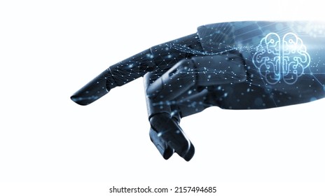 Robot hand artificial intelligence Ai self learning improving development problem solving solution tasks of future technology of innovation, Double exposure AI city scape futuristic world concept 