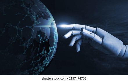 Robot Hand Artificial Intelligence Ai Pointing At Word Self Learning Improving Development Problem Solving Solution Tasks Of Future Technology, Ai Computer Process Power, Futuristic Blue Background.