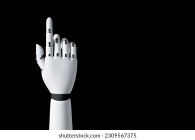 Robot hand finger making contact or pressing something on dark isolated background. Cyborg mechanical arm pointing. artificial Intelligence futuristic design concept.