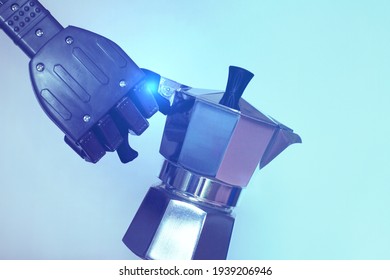 Robot Hand Holding A Coffee Machine Concept Of Automation And Tech