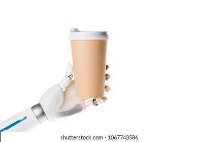 Robot Hand Holding Coffee In Paper Cup Isolated On White