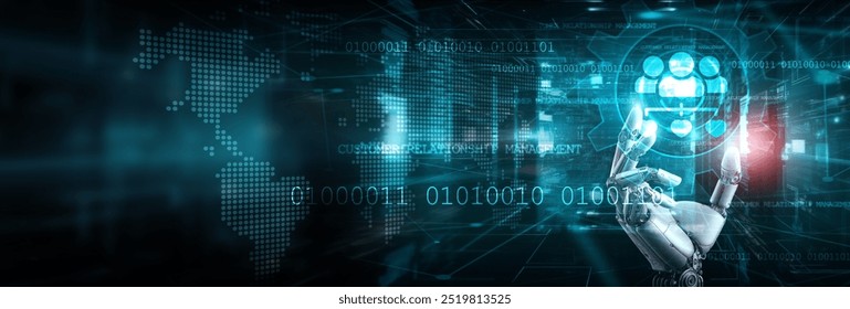 Robot hand holding a CRM icon in a digital landscape, and a world map backdrop, symbolizing global customer relationship management, data-driven strategies, and personalized customer experiences.