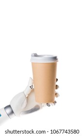 Robot Hand Holding Disposable Coffee Cup Isolated On White