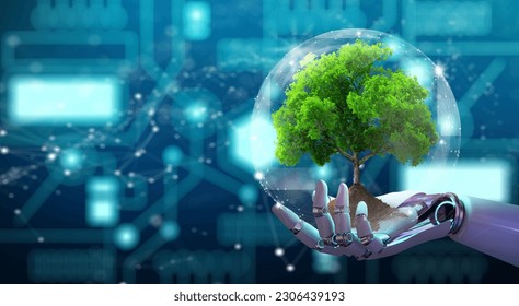 Robot hand holding growing tree with wireframe globe. Network connection and Circuit Converging point background. Green IT, Nature Technology interaction, and Ecology concept.  - Powered by Shutterstock - Get 15% off with code: PIKWIZARD15