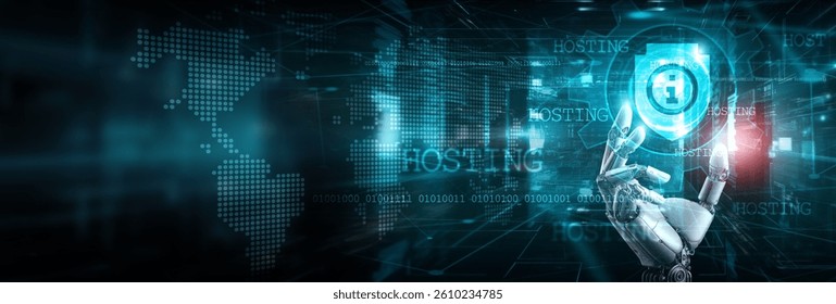 Robot hand holding out an information security icon in front of a world map background, and digital circuits in the backdrop, symbolizing global protection, data privacy, and cybersecurity.
