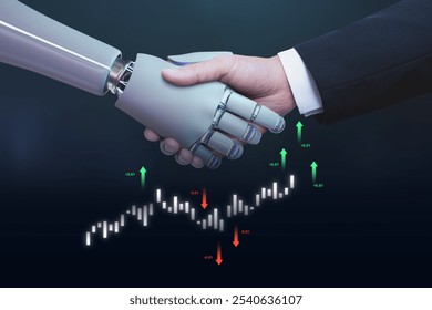 Robot hand and human hand shaking over finance stock market graph. Technology meets finance. Robotic handshake symbolizes AI in trading. Futuristic business finance concept.