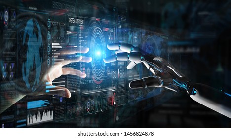 Robot hand and human hand touching digital graph interface on dark background 3D rendering - Shutterstock ID 1456824878