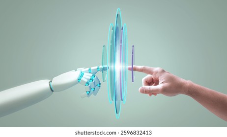 A robot hand and a human hand touching each other, artificial Intelligence, generative ai, cyber security, digital transformation, LLM, Large language model, AGI, artificial general intelligence