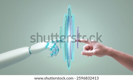 A robot hand and a human hand touching each other, artificial Intelligence, generative ai, cyber security, digital transformation, LLM, Large language model, AGI, artificial general intelligence