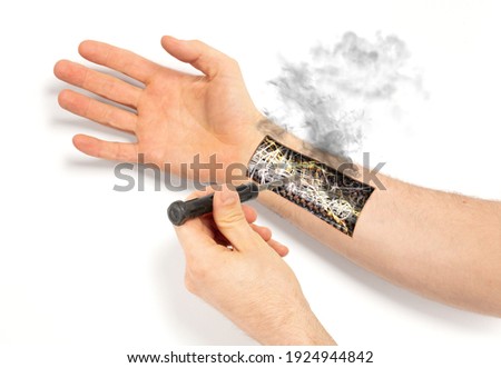 Robot hand inside human hand - Prosthesis concept, short cirquit, isolated on white