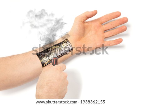 Robot hand inside human hand - Prosthesis concept, short cirquit, isolated on white