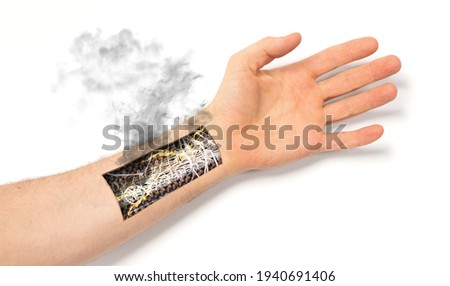 Robot hand inside human hand - Prosthesis concept, short cirquit, isolated on white