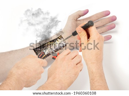 Robot hand inside human hand - Prosthesis concept, short cirquit, isolated on white