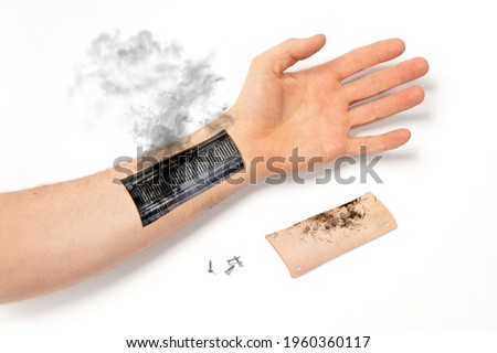 Robot hand inside human hand - Prosthesis concept, short cirquit, isolated on white
