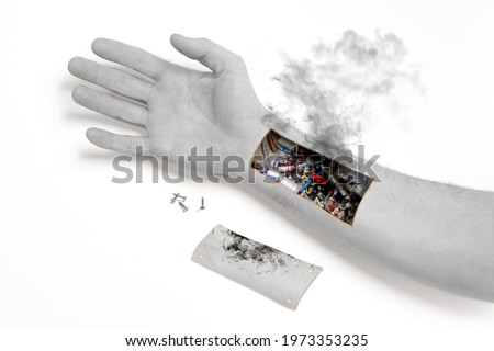 Robot hand inside human hand - Prosthesis concept, short cirquit, isolated on white