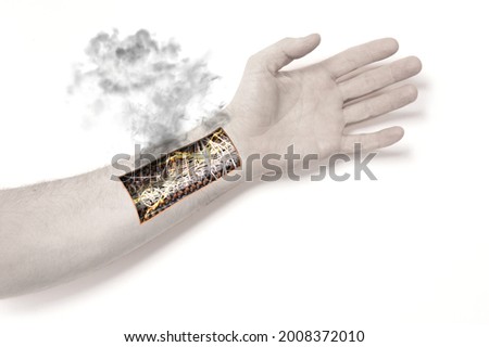 Robot hand inside human hand - Prosthesis concept, short cirquit, isolated on white