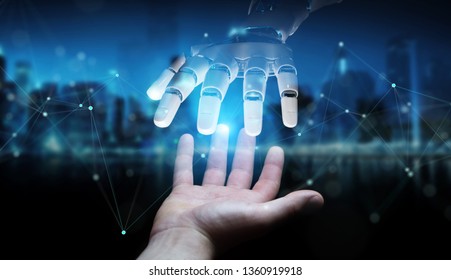 Robot Hand Making Contact With Human Hand On Dark Background 3D Rendering