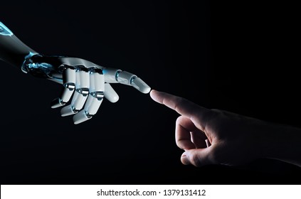 Robot hand making contact with human hand on dark background 3D rendering - Shutterstock ID 1379131412
