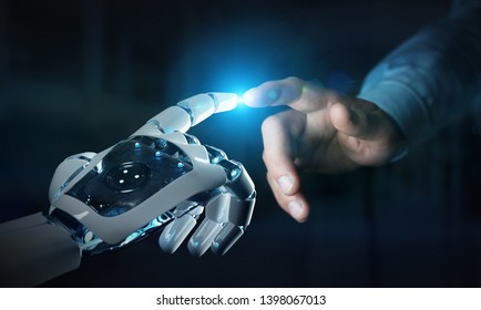 Robot Hand Making Contact With Human Hand On Dark Background 3D Rendering