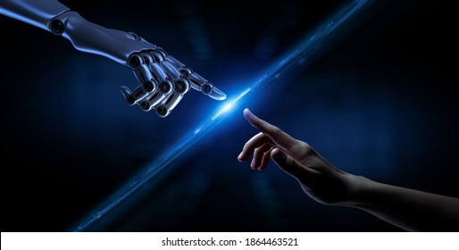 Robot hand making contact with human hand. 3d rendering. - Shutterstock ID 1864463521