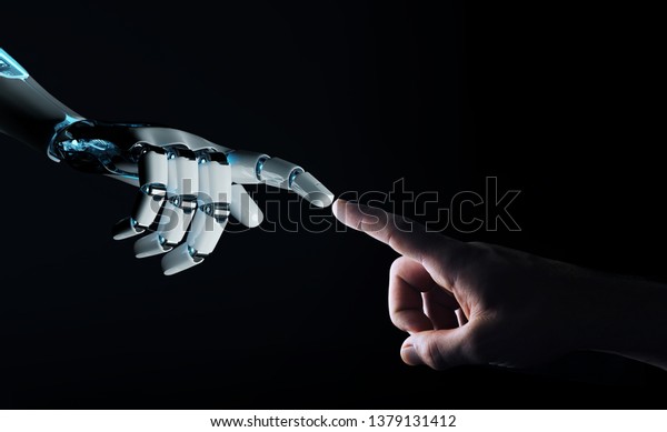 Robot hand making contact with human hand on\
dark background 3D\
rendering