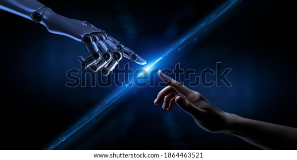 Robot\
hand making contact with human hand. 3d\
rendering.