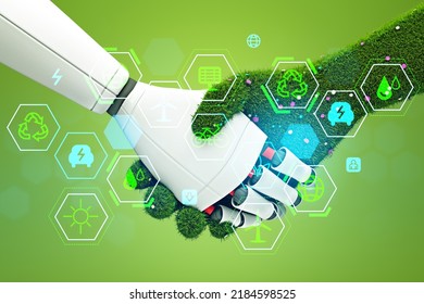 Robot hand and nature handshake. Eco hud with diverse icons. Ecosystem and digital technology on green background. Eco friendly concept
