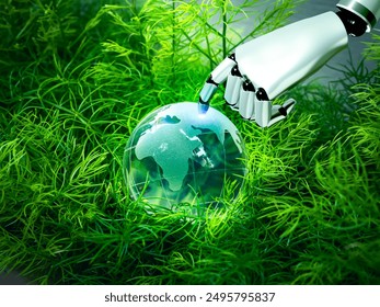 Robot hand pointing on small glass earth globe on green nature bush background. Green innovation, saving planet, environmental conservation sustainability and future global protection concepts. - Powered by Shutterstock