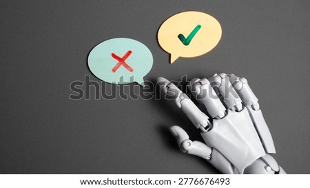 Robot Hand Pointing to Speech Bubbles with Check Mark and Cross Symbols Representing Artificial Intelligence Decision Making and Feedback