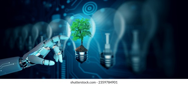 Robot hand pointing Tree in the Light bulb against nature with digital convergence and technology background. Ecology, Energy, Environment, Green Technology, and IT ethics Concept. - Powered by Shutterstock