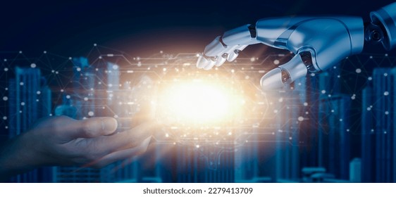 Robot hand touch businessman hand, artificial intelligence concept. big data, science, innovation technology, cloud computing, futuristic, internet network communication - Shutterstock ID 2279413709