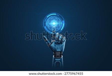 Robot Hand touch digital hud interface futuristic technology background of virtual computer screen display ui future concept or cyber communication hologram and innovation internet system on vr cyberspace.