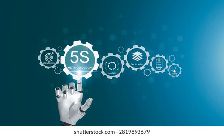 Robot hand touching 5S methodology concept on blue background.
