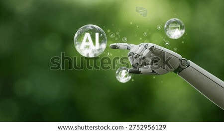 Robot hand touching AI bubble symbolizing artificial intelligence hype, investment risk, intense competition, and uncertainty about real productivity and profits.