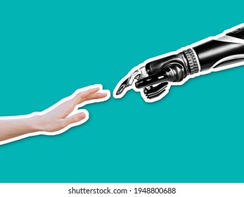 Robot hand touching female human hand, connection between people and artificial intelligence technology in collage cutout style - Shutterstock ID 1948800688