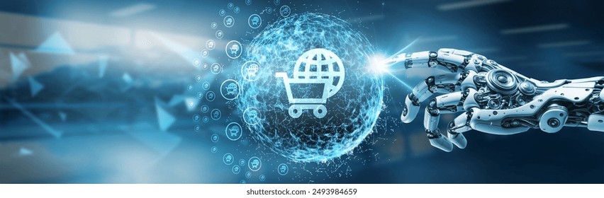 Robot hand touching global network connection on technology, futuristic, communication, data, innovation, digital marketing. - Powered by Shutterstock