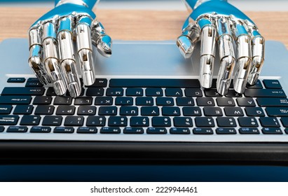 Robot hand typing on laptop. - Shutterstock ID 2229944461