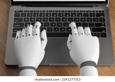 Robot hands finger typing or pressing enter on computer keyboard. Cyborg mechanical arm working with laptop. Artificial Intelligence futuristic design or chatbot concept. - Powered by Shutterstock