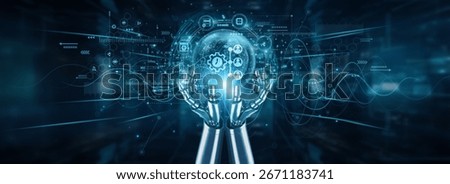 Robot hands holding global network and ERP system integration, inventory finance modules automation reporting, workflow for resource planning, scalability, process optimization, and compliance.